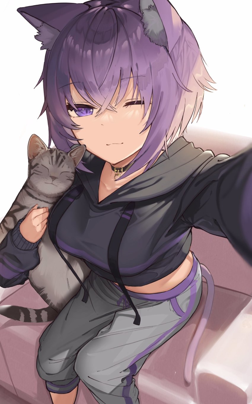 1girl, ;3, animal, animal_ears, breasts, cat, cat_ears, cat_tail