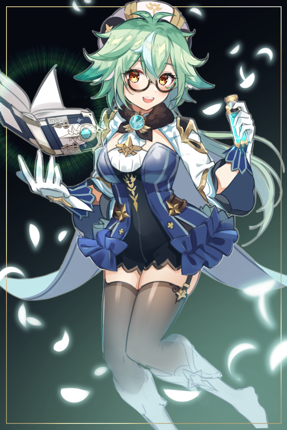 1girl, :d, anemo_(genshin_impact), black-framed_eyewear, blue_dress, book, boots, brown_thighhighs, colored_eyelashes, dress, floating, floating_object, garter_straps, genshin_impact, glasses, gloves, green_hair, grimoire, haruyuki_(snowdrop), hat, highres, holding, knee_boots, long_hair, long_sleeves, looking_at_viewer, low_ponytail, multicolored_hair, open_mouth, orange_eyes, ponytail, semi-rimless_eyewear, shrug_(clothing), smile, solo, streaked_hair, sucrose_(genshin_impact), thighhighs, under-rim_eyewear, vision_(genshin_impact), white_gloves, white_hat