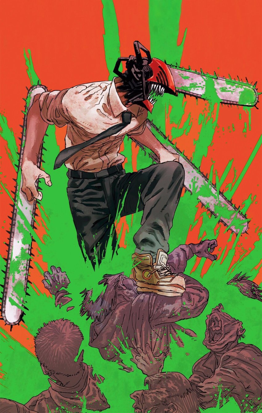 1boy, alternate_form, belt, black_pants, blood, blood_splatter, body_modification, chainsaw