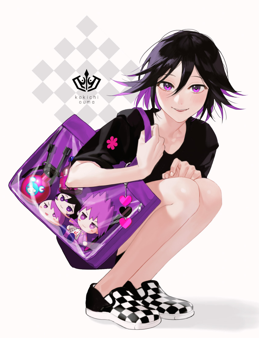 1boy, bare_legs, black_hair, black_shirt, blush, character_doll, character_name, checkered_background