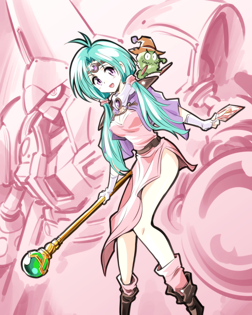 1girl, absurdres, blue_hair, blush, breasts, cleavage, cowlick, creature