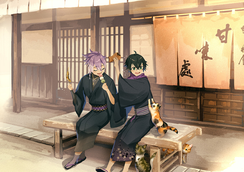 2boys, ahoge, bench, black_hair, calico_(pattern), cat, closed_eyes, curtains