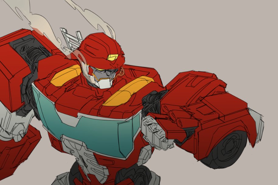 1boy, autobot, clenched_hand, commentary, cropped_torso, english_commentary, grey_background, heatwave_(transformers), looking_down, mecha, no_humans, pollo_(pollo_pom), robot, science_fiction, smoke, solo, transformers, transformers:_rescue_bots, yellow_eyes