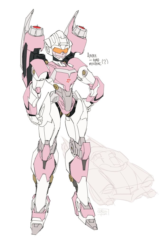 1girl, arcee, car, character_name, clenched_hands, commentary, english_commentary, ford, hand_on_own_hip, looking_down, mecha, motor_vehicle, pollo_(pollo_pom), redesign, robot, sketch, standing, transformers, visor, white_background