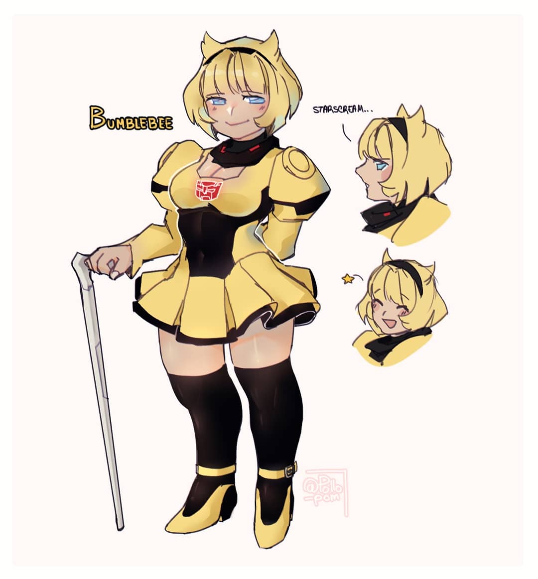 1girl, artist_name, autobot, black_hairband, blue_eyes, breasts, bumblebee, cane