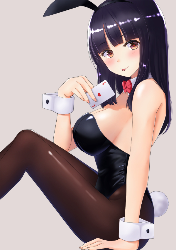 1girl, animal_ears, arm_support, black_hair, black_pantyhose, blunt_bangs, blush, bow, breasts, brown_eyes, card, cleavage, closed_mouth, fake_animal_ears, fake_tail, from_side, furutori, hairband, heart, heart-shaped_pupils, holding, holding_card, large_breasts, long_hair, original, pantyhose, playboy_bunny, playing_card, rabbit_ears, rabbit_tail, red_bow, sideboob, sitting, smile, solo, symbol-shaped_pupils, tail, tongue, tongue_out, wrist_cuffs
