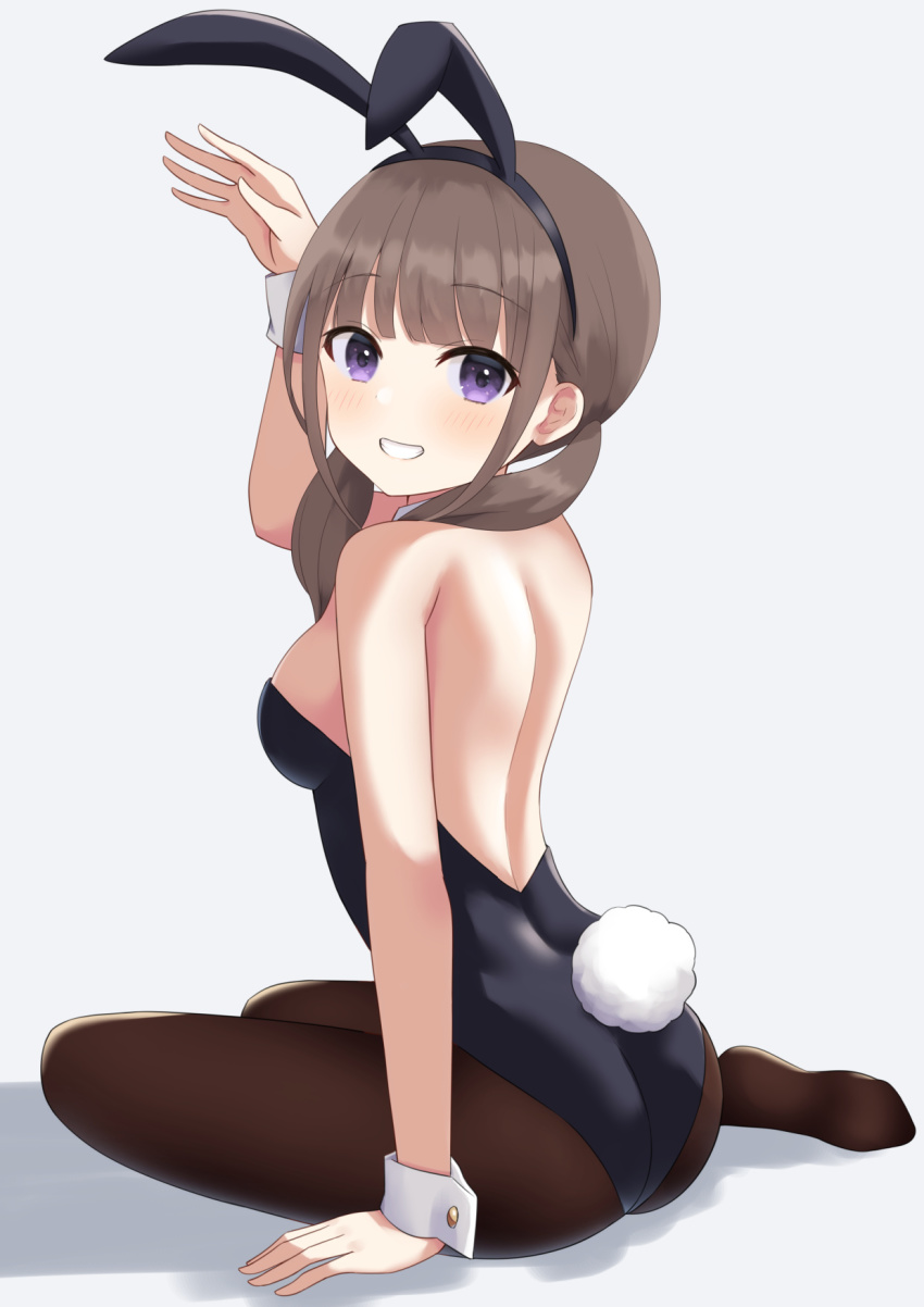 1girl, animal_ears, arm_support, arm_up, ass, black_pantyhose, blunt_bangs, blush