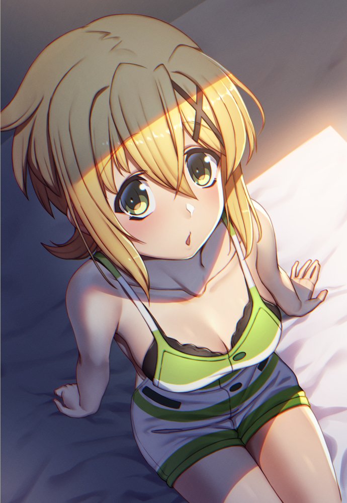 1girl, akatsuki_kirika, bed, black_bra, blonde_hair, blush, bra, breasts