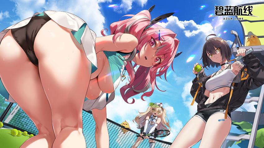 3girls, ahoge, ass, azur_lane, bache_(azur_lane), bache_(showy_sports_star)_(azur_lane), ball, baltimore_(azur_lane)