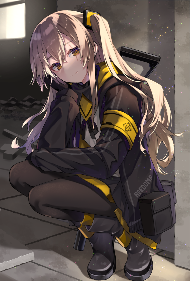 1girl, armband, black_boots, boots, earrings, flat_chest, girls'_frontline, hair_between_eyes