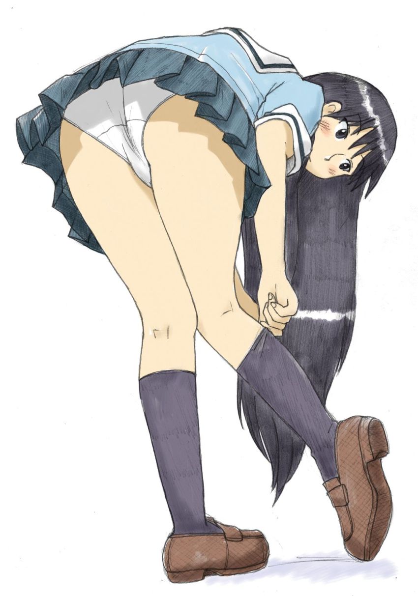 1girl, ass, azumanga_daiou, bad_id, bad_pixiv_id, bent_over, black_eyes, black_hair, blush, female_focus, highres, hip_focus, kneepits, legs, long_hair, panties, pantyshot, sachisuke_masumura, sakaki_(azumanga_daioh), school_uniform, serafuku, simple_background, skirt, sock_pull, socks, solo, underwear, upskirt, very_long_hair, white_background, white_panties