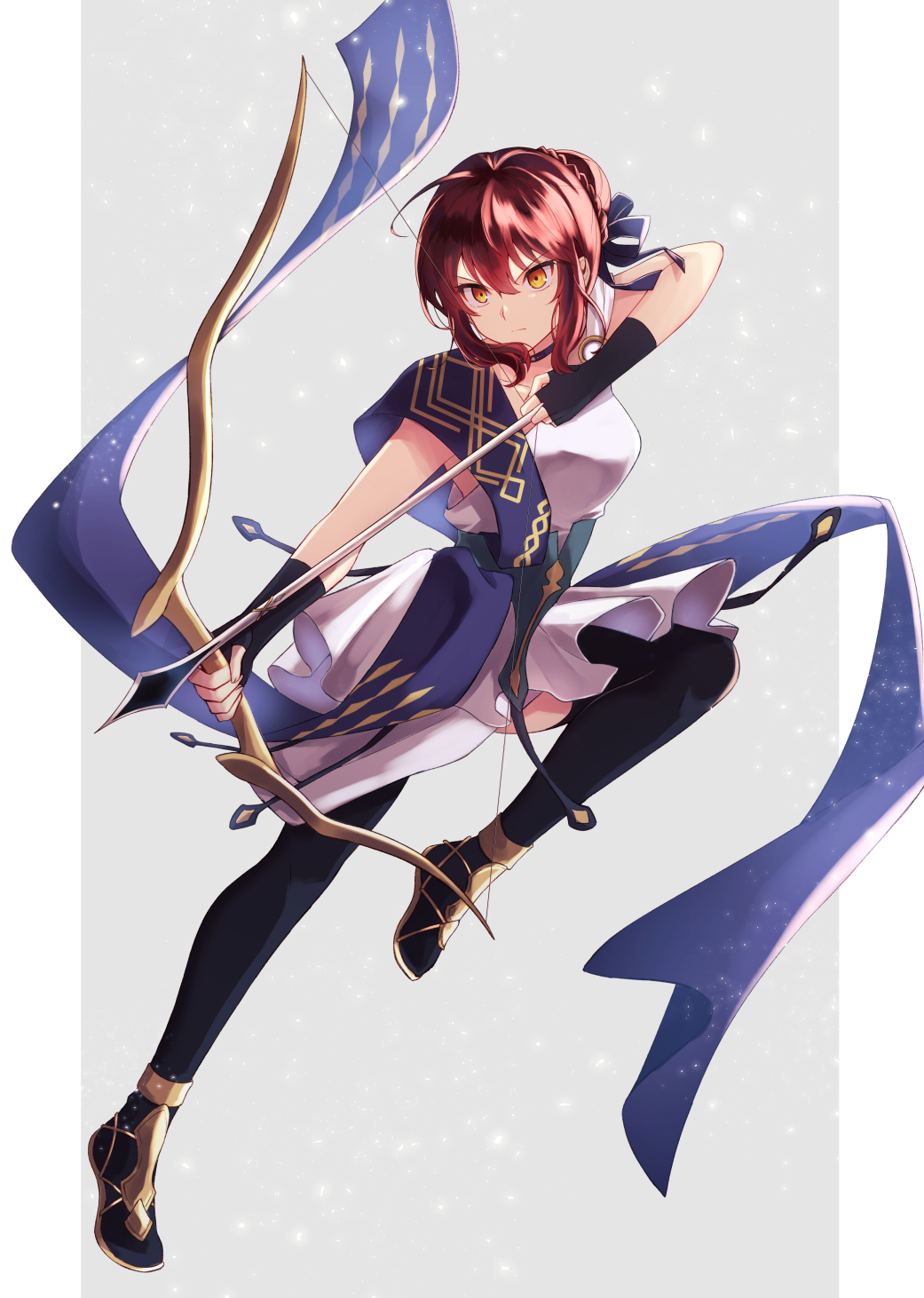 1girl, ahoge, arrow_(projectile), bow_(weapon), brown_eyes, brown_hair, choker, fate/strange_fake, fate_(series), fingerless_gloves, gloves, hair_bun, highres, hippolyta_(fate), itsumi_mita, pale_rider_(fate), short_hair, single_hair_bun, solo, two-tone_background, weapon