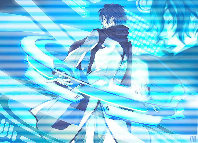 1boy, bad_id, bad_piapro_id, blue_hair, blue_scarf, closed_eyes, kaburaya, kaito_(vocaloid)