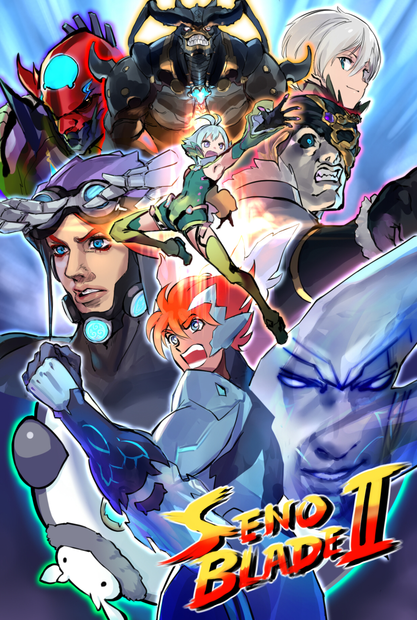 6+boys, aegaeon_(xenoblade), angry, anniversary, aqua_hair, armor, black_hair, black_sclera