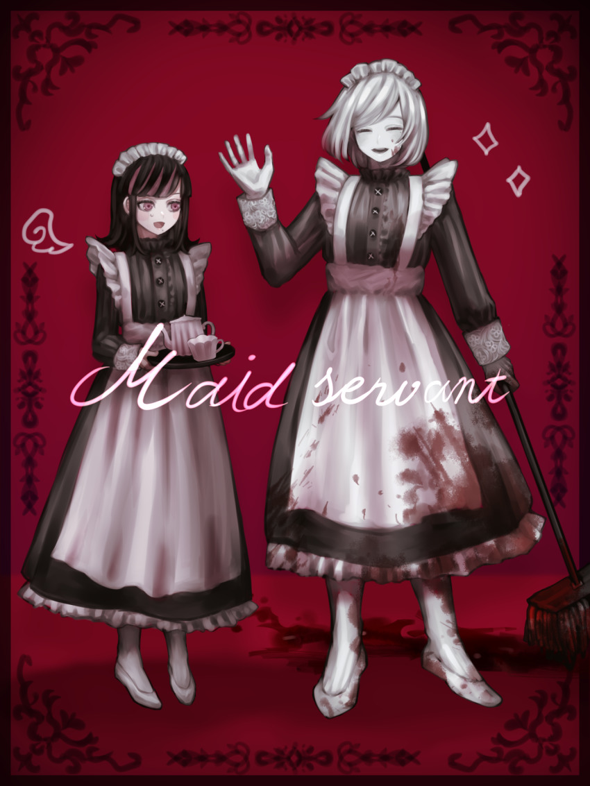 1boy, 1girl, :d, :o, akudama_drive, alternate_costume, apron, black_dress