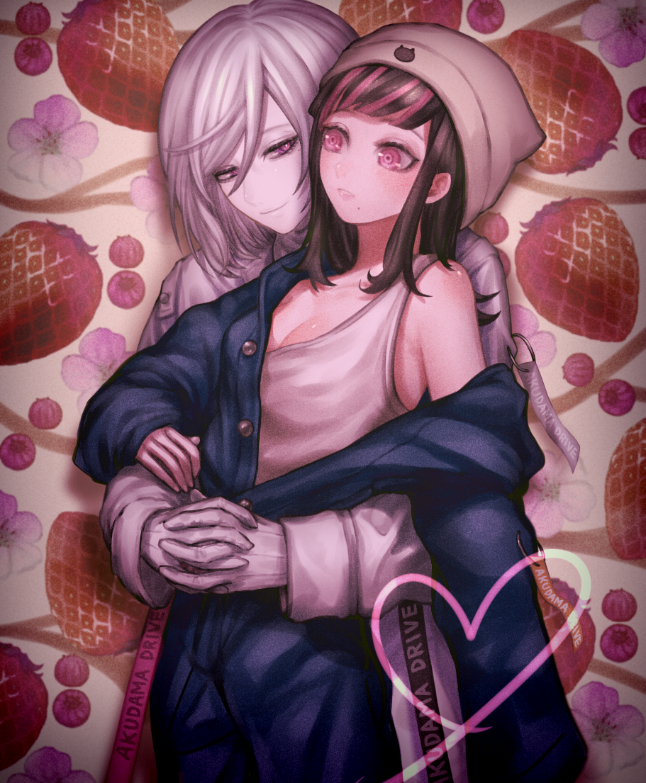 1boy, 1girl, akudama_drive, black_hair, breasts, cleavage, copyright_name, cutthroat_(akudama_drive), food, fruit, gloves, hat, heart, hug, hug_from_behind, long_hair, long_sleeves, multicolored_hair, nemuritaa, off_shoulder, pale_skin, pink_eyes, pink_hair, shirt, small_breasts, smile, strawberry, swindler_(akudama_drive), white_hair, white_shirt