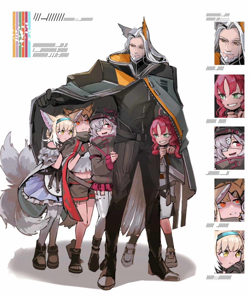 1boy, 4girls, :d, absurdres, ahoge, animal_ear_fluff, animal_ears, arknights, arm_up, bare_shoulders, beard, belt, black_footwear, black_gloves, black_jacket, black_legwear, black_pants, blonde_hair, blue_hairband, boots, braid, braided_hair_rings, cape, capelet, clothes_lift, collared_jacket, commentary_request, dress, earrings, eyepatch, facial_hair, fingerless_gloves, fox_ears, fox_girl, fox_tail, full_body, gloves, grin, hair_ornament, hair_over_one_eye, hair_rings, hairband, hairclip, hand_on_another's_shoulder, hellagur_(arknights), highres, infection_monitor_(arknights), jacket, jacket_lift, jewelry, long_hair, long_sleeves, looking_at_another, looking_up, multiple_girls, multiple_tails, mustache, myrtle_(arknights), navel, notched_ear, oaza, open_mouth, orange_eyes, pants, pantyhose, parted_lips, popukar_(arknights), rabbit_hair_ornament, red_eyes, red_hair, shoes, short_hair, shorts, smile, smirk, socks, standing, suzuran_(arknights), tail, vermeil_(arknights), white_background, white_dress, white_hair, white_legwear, yellow_eyes
