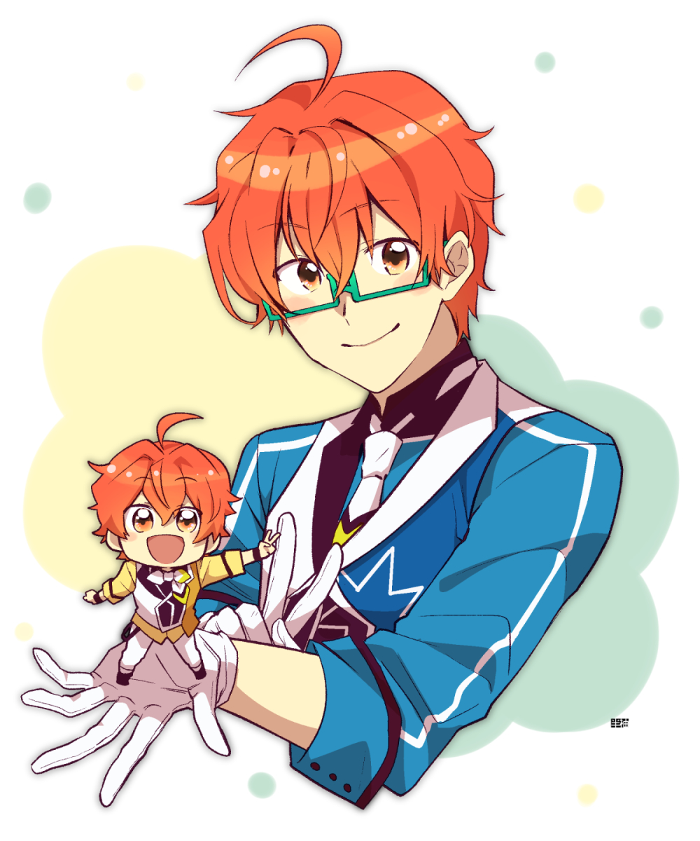 2boys, ahoge, aoi_kyosuke, aoi_yusuke, brothers, chibi, glasses, gloves, green-framed_eyewear, hansode_(pumpton), highres, holding, idol_clothes, idolmaster, idolmaster_side-m, intelli_crystal_blue, male_focus, mental_sunny_yellow, mini_person, miniboy, multiple_boys, official_alternate_costume, orange_eyes, siblings, smile, twins, v, waving, white_gloves