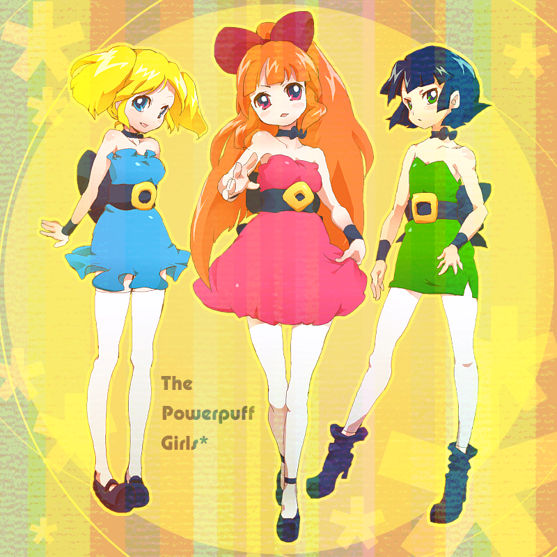 3girls, armband, bad_id, bad_pixiv_id, bare_shoulders, black_hair, blonde_hair, blossom_(ppg), blue_eyes, blunt_bangs, bow, bowtie, bubbles_(ppg), buttercup_(ppg), cartoon_network, choker, dress, green_eyes, hair_bow, hair_ribbon, high_heels, leggings, legs, long_hair, multiple_girls, pantyhose, poth, powerpuff_girls, red_eyes, red_hair, ribbon, shoes, short_hair, short_twintails, smile, strapless, strapless_dress, thighhighs, twintails, very_long_hair, white_pantyhose, zettai_ryouiki