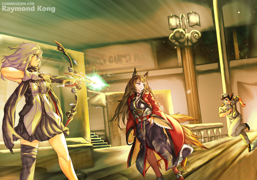 1boy, 2girls, amagi_(azur_lane), azur_lane, black_hair, black_pantyhose, bow_(weapon), brown_hair