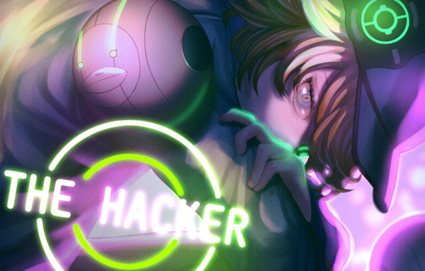 1boy, akudama_drive, baseball_cap, brown_hair, character_name, grey_eyes, hacker_(akudama_drive), hair_between_eyes