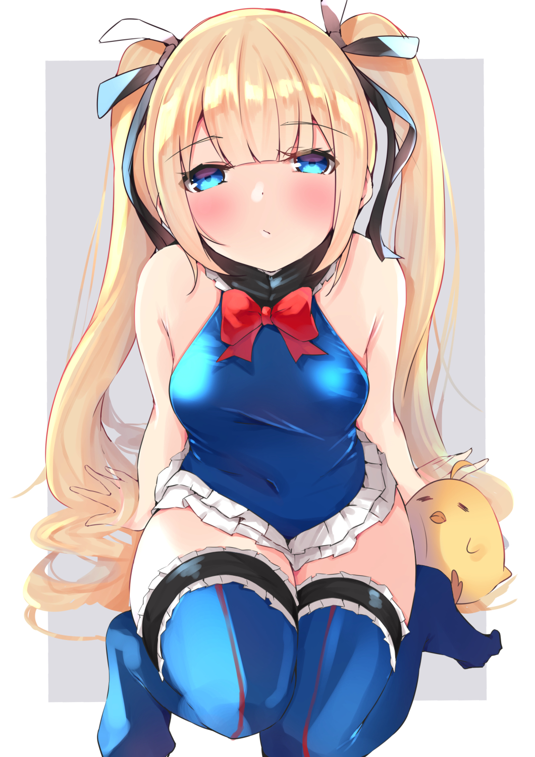 1girl, azur_lane, blonde_hair, blue_eyes, blue_one-piece_swimsuit, blue_thighhighs, breasts, covered_navel, dead_or_alive, dead_or_alive_5, frilled_swimsuit, frills, hair_ornament, hair_ribbon, hairclip, highres, leaning_forward, leotard, long_hair, manjuu_(azur_lane), marie_rose, medium_breasts, one-piece_swimsuit, painting_(medium), red_ribbon, ribbon, ryoutsu, simple_background, sitting, solo, swimsuit, thigh_strap, thighhighs, thighs, traditional_media, twintails, very_long_hair, watercolor_(medium), white_background, x_hair_ornament