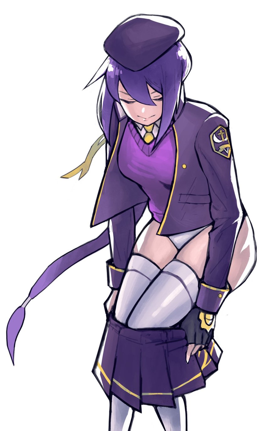 1girl, alternate_costume, beret, braid, breasts, cropped_jacket, eltnum_(under_night_in-birth), faded_nz, fingerless_gloves, gloves, hair_ribbon, hat, highres, long_hair, melty_blood, necktie, no_pants, panties, purple_eyes, purple_hair, ribbon, single_braid, sion_eltnam_(type-moon), sion_eltnam_atlasia, skirt, solo, sweater, thighhighs, tsukihime, under_night_in-birth, underwear, undressing, unworn_skirt, v-neck, very_long_hair, white_panties, white_thighhighs, zettai_ryouiki