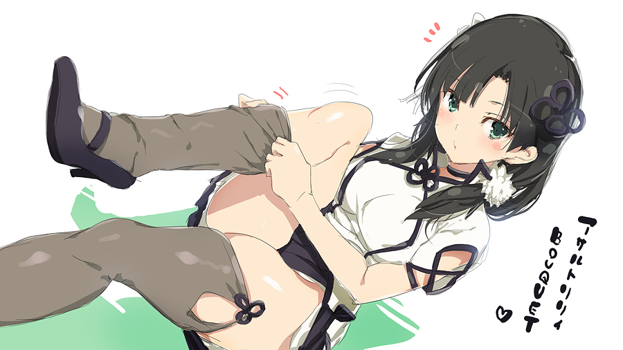 1girl, adjusting_clothes, adjusting_legwear, assault_lily, black_hair, black_skirt, blush, breasts