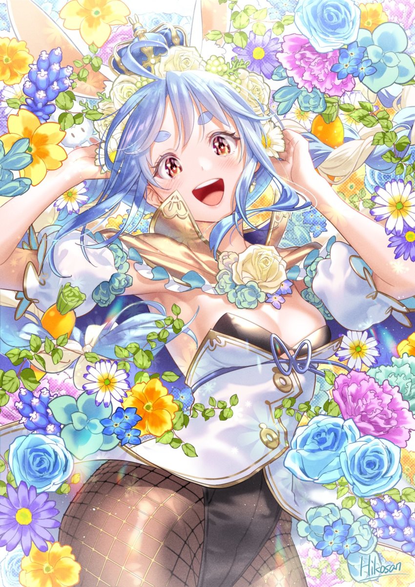 1girl, ahoge, animal_ear_fluff, animal_ears, armpit_peek, blue_flower, blue_hair, blue_rose