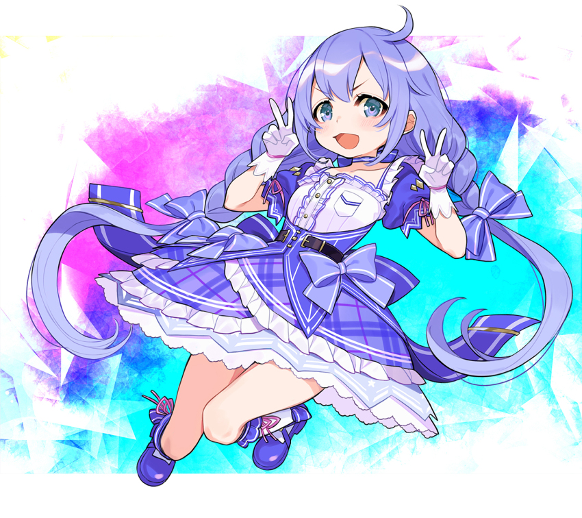 1girl, ahoge, blue_bow, blue_eyes, blue_hair, blue_shoes, blue_skirt, blush