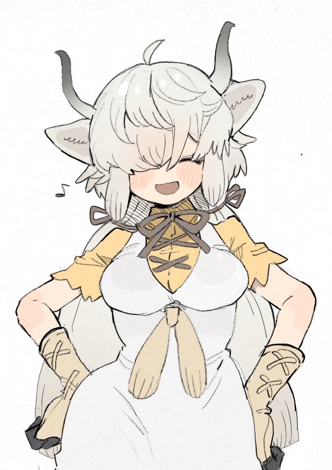 010mzam, 1girl, blush, bow, brown_ribbon, collared_shirt, commentary_request, cowboy_shot, dress, closed_eyes, gloves, hair_bow, hair_over_one_eye, hands_on_own_hips, kemono_friends, long_dress, long_hair, musical_note, neck_ribbon, open_mouth, cow_ears, cow_girl, cow_horns, ribbon, shirt, short_sleeves, solo, white_dress, white_gloves, white_hair, yak_(kemono_friends), yellow_shirt
