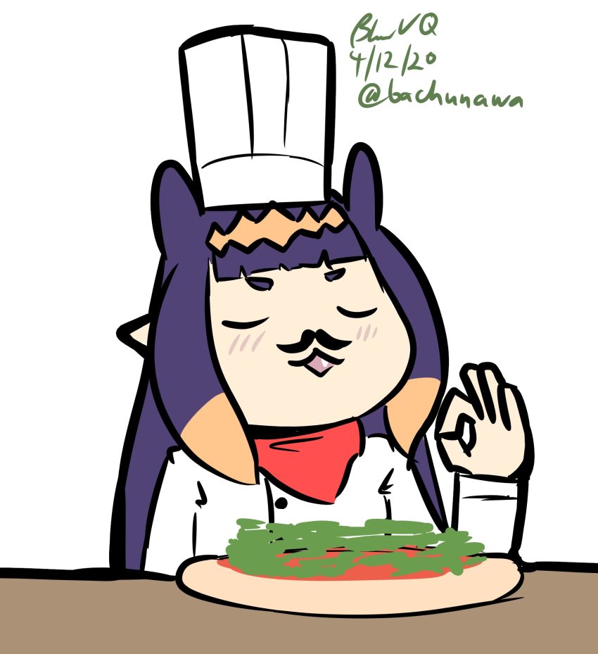 1girl, bachunawa, blush, chef, chef_hat, chibi, closed_eyes, cooking_simulator, fake_facial_hair, fake_mustache, fang, food, hat, highres, hololive, hololive_english, long_hair, ninomae_ina'nis, ok_sign, open_mouth, pizza, pointy_ears, red_scarf, scarf, short_bangs, v-shaped_eyebrows, virtual_youtuber, white_background, white_headwear