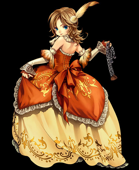 1girl, bare_shoulders, blue_eyes, brown_hair, curly_hair, dress, female_focus, looking_back, official_art, princess_(red_stone), red_stone, simple_background, solo