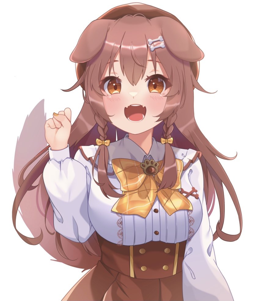 1girl, animal_ears, arm_up, blush, bone_hair_ornament, bow, bowtie, braid