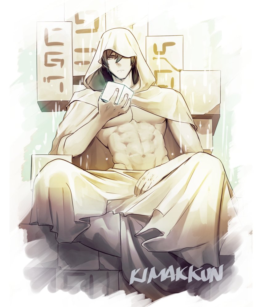 1boy, abs, absurdres, bare_pectorals, black_hair, cloak, closed_mouth, cube, genshin_impact, hair_between_eyes, highres, holding, hood, hood_up, hooded_cloak, kimakkun, large_pectorals, looking_at_viewer, male_focus, midriff, naked_robe, on_throne, one_eye_covered, pectorals, robe, simple_background, sitting, solo, spoilers, throne, yellow_eyes, zhongli_(archon)_(genshin_impact), zhongli_(genshin_impact)