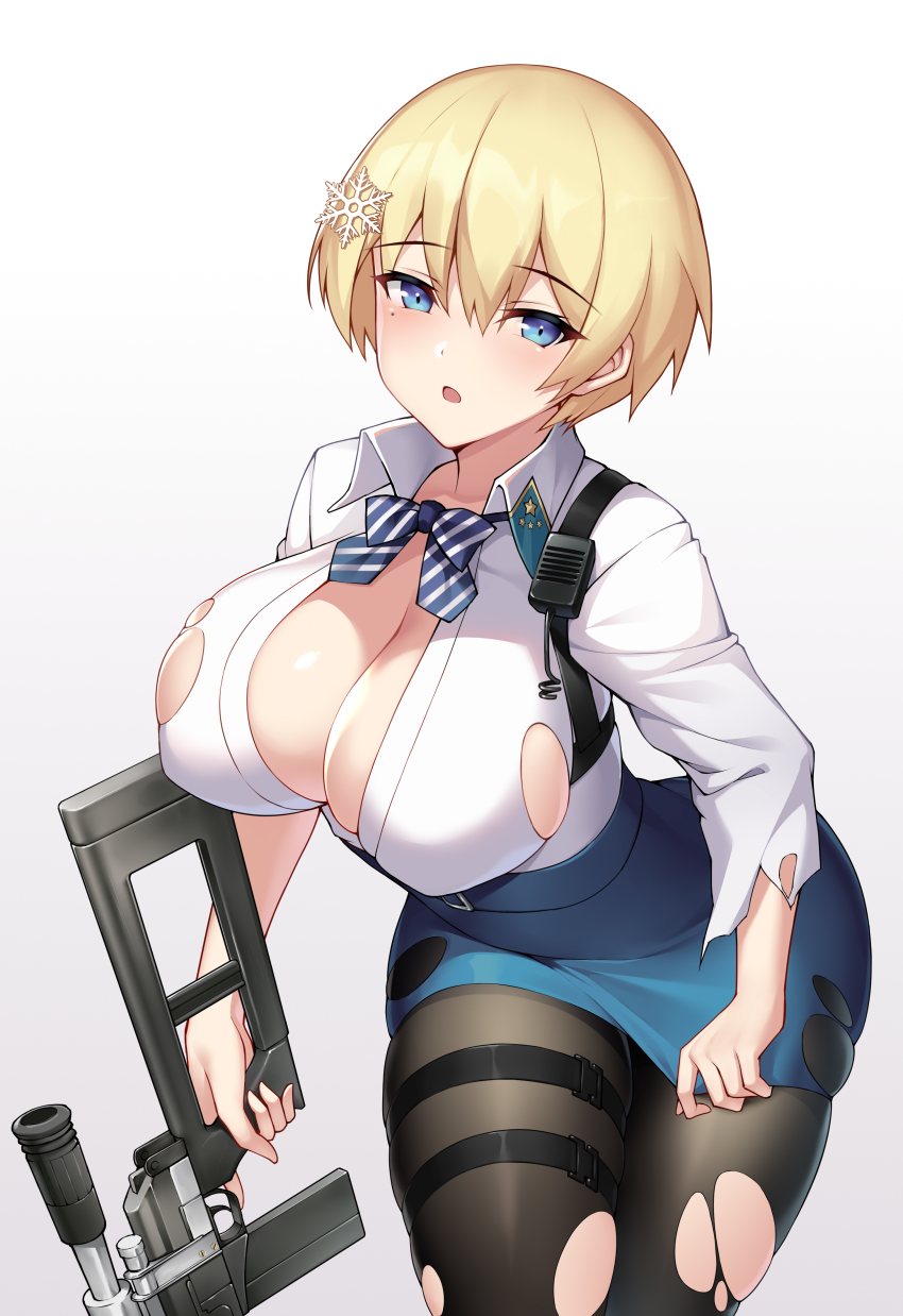 absurdres, black_legwear, blonde_hair, blue_eyes, blue_skirt, blush, bow, bowtie
