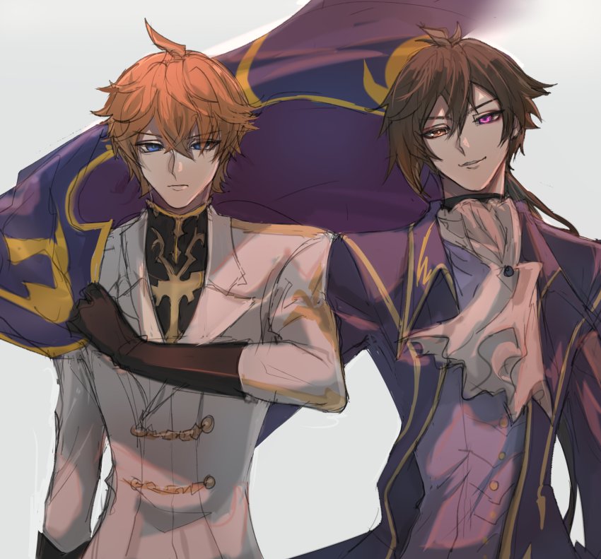 2boys, absurdres, bad_id, bad_twitter_id, black_gloves, black_hair, blue_eyes, brown_hair