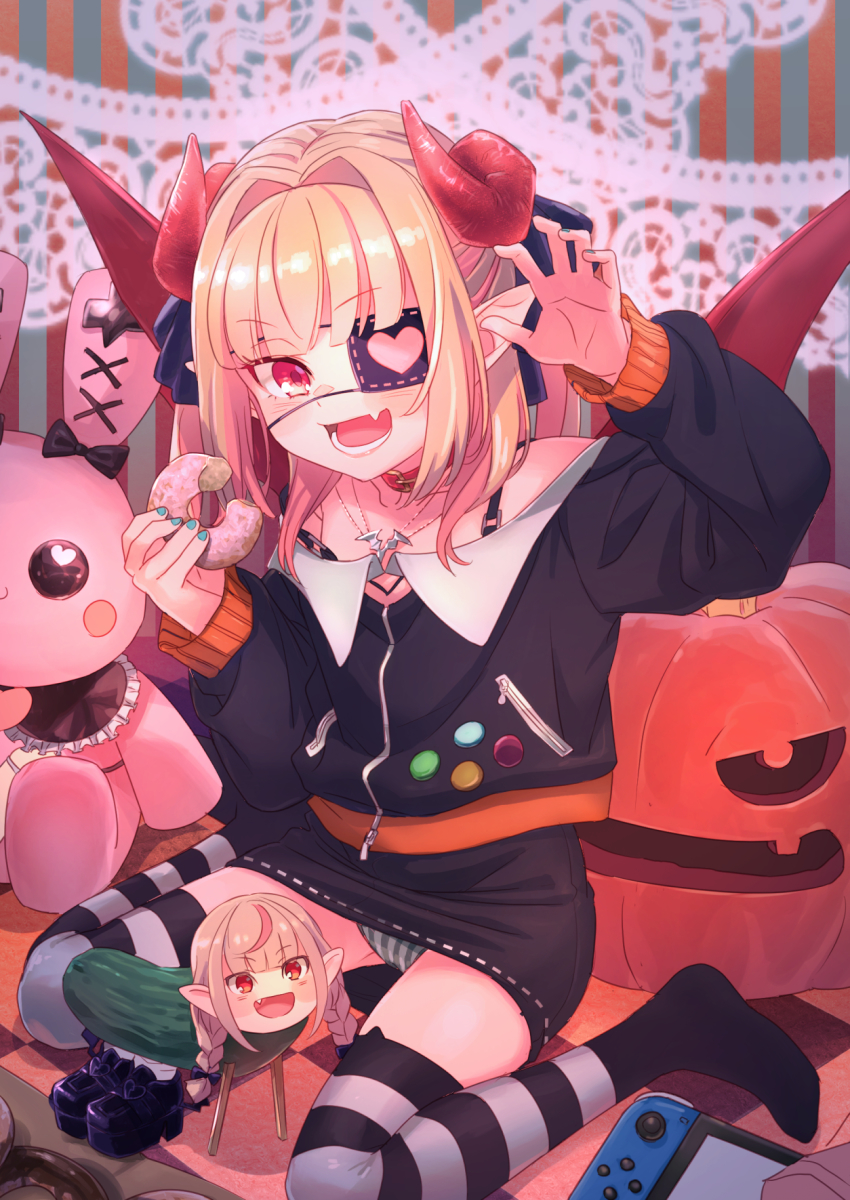 1girl, animal_ear_legwear, aqua_nails, badge, bare_shoulders, black_ribbon, blush, button_badge