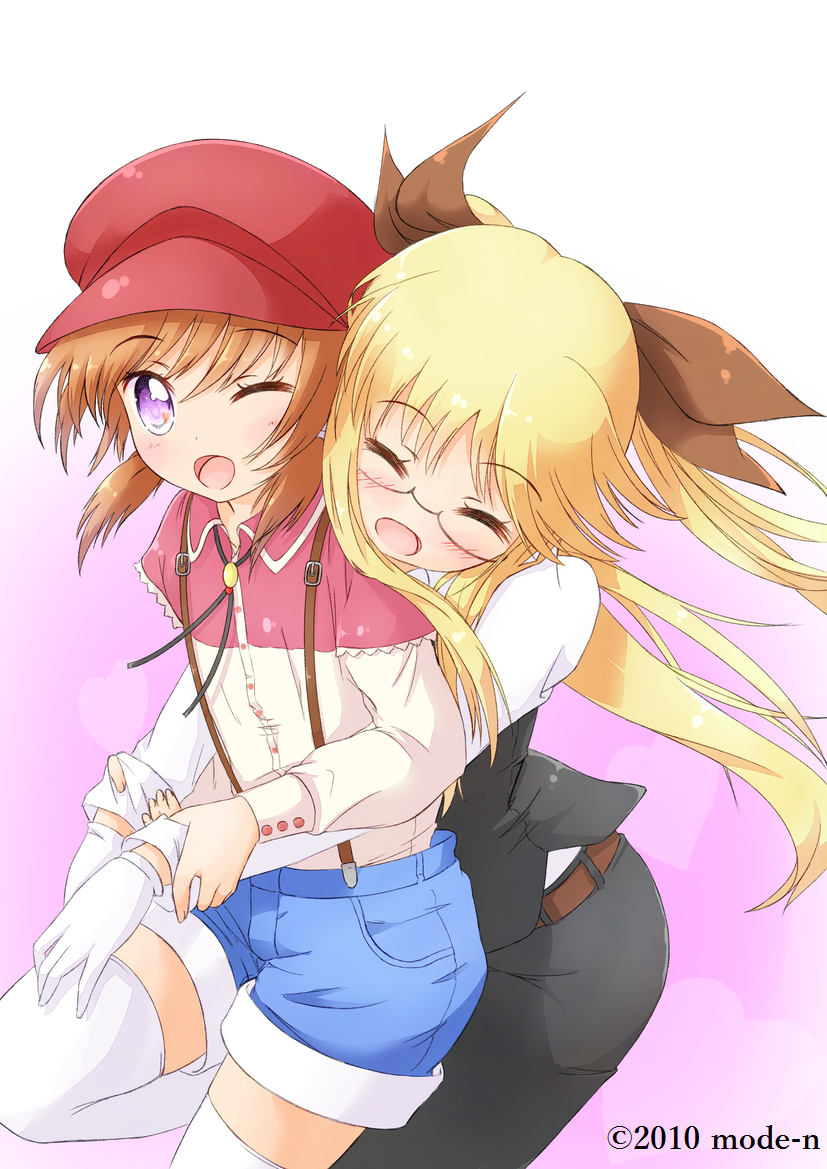 2girls, alternate_costume, alternate_hairstyle, black_ribbon, blonde_hair, blush, couple, closed_eyes