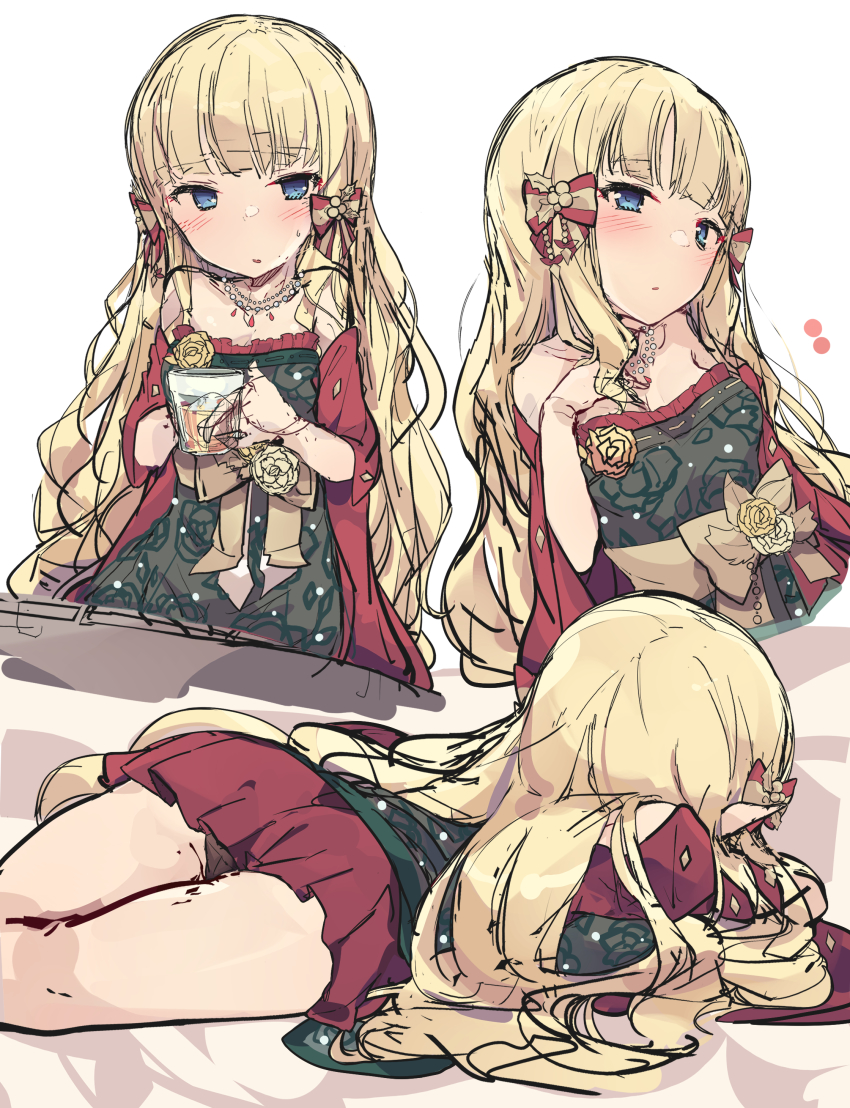 1girl, absurdres, blonde_hair, blue_eyes, blush, bow, breasts, cup