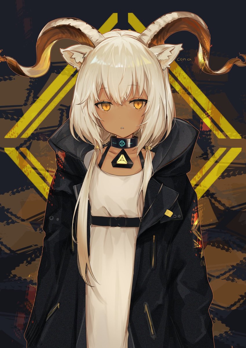 1girl, animal_ear_fluff, animal_ears, arknights, beeswax_(arknights), black_jacket, dark-skinned_female, dark_skin, dress, female_focus, goat_ears, goat_girl, goat_horns, hair_between_eyes, happitan_no_kona, highres, hood, hood_down, horns, infection_monitor_(arknights), jacket, long_sleeves, parted_lips, short_hair_with_long_locks, solo, white_dress, white_hair, yellow_eyes