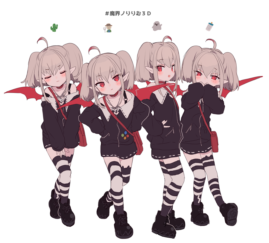 4girls, ahoge, bag, black_footwear, blush, brown_hair, clone, closed_eyes