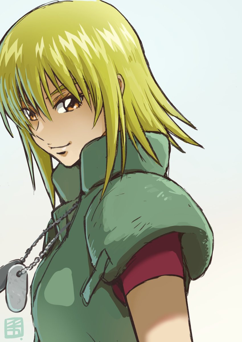 1girl, blonde_hair, brown_eyes, cagalli_yula_athha, dog_tags, eyebrows_hidden_by_hair, from_side, grey_background