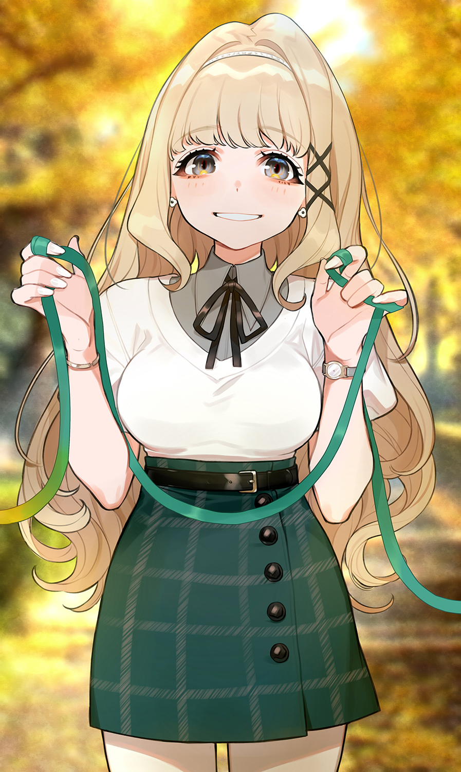 1girl, belt, black_ribbon, blonde_hair, blunt_bangs, blurry, blurry_background, blush, breasts, commentary_request, cowboy_shot, earrings, fingernails, forest, gradient_ribbon, green_ribbon, green_skirt, grin, hair_intakes, hair_ornament, hairband, highres, holding, holding_ribbon, jewelry, large_breasts, long_hair, looking_at_viewer, marinasu, nail_polish, nature, neck_ribbon, otonoha_naho, plaid_clothes, plaid_skirt, puffy_short_sleeves, puffy_sleeves, ribbon, shirt, short_sleeves, skirt, smile, solo, tree, very_long_hair, virtual_youtuber, watch, white_nails, white_shirt, wristwatch, x_hair_ornament, yellow_eyes, yuu_(higashi_no_penguin)