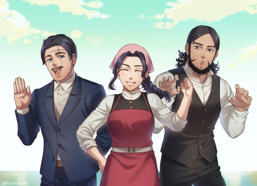 1girl, 2boys, :d, :o, apron, beard, black_eyes, black_hair