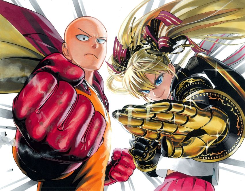 1boy, 1girl, bald, blonde_hair, blue_eyes, cape, crossover, cyborg, dangan_tenshi_fan_club, gloves, highres, magical_girl, male_focus, mechanical_arms, murata_yuusuke, natsuno_himiko, official_art, one-punch_man, red_cape, saitama_(one-punch_man), superhero_costume, twintails