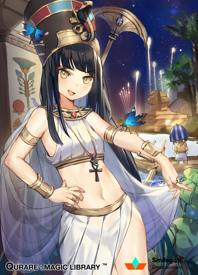 1boy, 1girl, :d, aerial_fireworks, ancient_egyptian, ancient_egyptian_clothes, ankh, armlet, armpits, bare_shoulders, black_hair, black_headwear, bracelet, breasts, bug, cowboy_shot, crop_top, dragonfly, egyptian_hat, fang, fireworks, gold_trim, hand_on_own_hip, hat, insect, jewelry, long_hair, long_skirt, looking_at_viewer, midriff, navel, nefertiti_(qurare), night, official_art, open_mouth, outdoors, outstretched_arm, qurare_magic_library, revealing_clothes, ring, shawl, shirt, side_slit, skirt, sleeveless, sleeveless_shirt, small_breasts, smile, solo_focus, staff, standing, stomach, thighs, v-shaped_eyebrows, very_long_hair, watermark, white_shirt, white_skirt, whoisshe, yellow_eyes