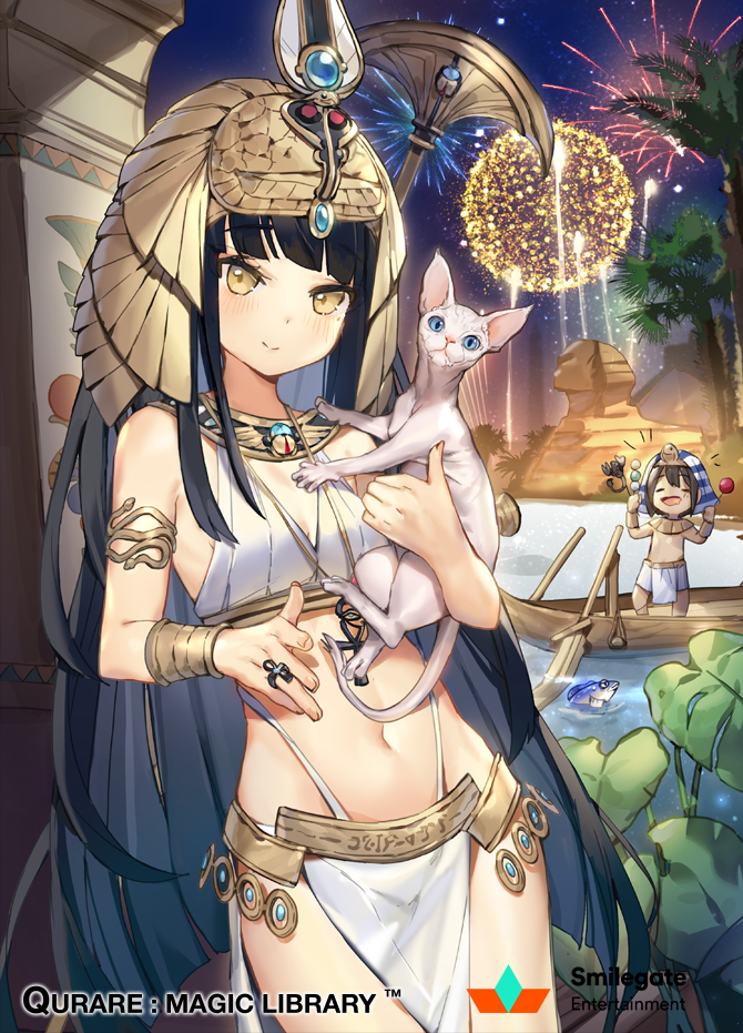 1boy, 1girl, aerial_fireworks, ancient_egyptian, ancient_egyptian_clothes, armlet, armpit_crease, bare_shoulders, belt, black_hair, bracelet, breasts, carrying, cat, cleavage_cutout, closed_mouth, clothing_cutout, cowboy_shot, crop_top, fireworks, gold_trim, headpiece, highleg, jewelry, long_hair, looking_at_viewer, midriff, navel, nefertiti_(qurare), night, official_art, outdoors, pelvic_curtain, qurare_magic_library, revealing_clothes, ring, shirt, sleeveless, sleeveless_shirt, small_breasts, smile, solo_focus, sphynx_cat, staff, standing, stomach, thighs, very_long_hair, watermark, white_cat, white_shirt, whoisshe, yellow_eyes