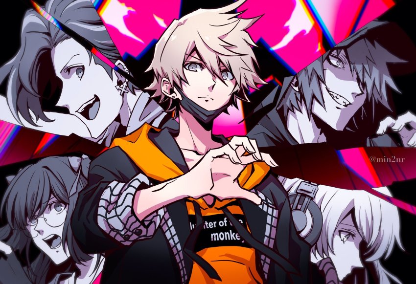 2girls, 3boys, artist_request, black_jacket, blonde_hair, bow, closed_mouth, coat