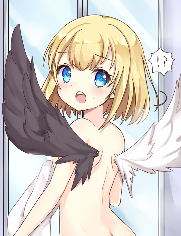 !?, 1girl, :o, ass, asymmetrical_wings, back, black_wings, blonde_hair, blue_eyes, blush, breasts, feathered_wings, from_behind, glass, holding, holding_towel, looking_at_viewer, looking_back, marl_(shironeko_project), medium_hair, mismatched_wings, nude, shironeko_project, solo, standing, sunameri_(pixiv3564245), teeth, towel, upper_teeth_only, wet, white_wings, wings
